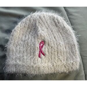 Women's Columbia White Fuzzy Beanie Cap Hat Pink Ribbon Breast Cancer OSFM